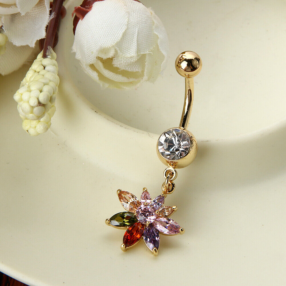Personalized Flower Delicate Zircon Navel Umbilical Belly Ring (Colorful)