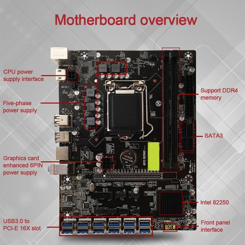 B250 BTC Miner Motherboard DDR4 LGA1151 12 PCI-E Graphics Card Slot CPU Fan Sata