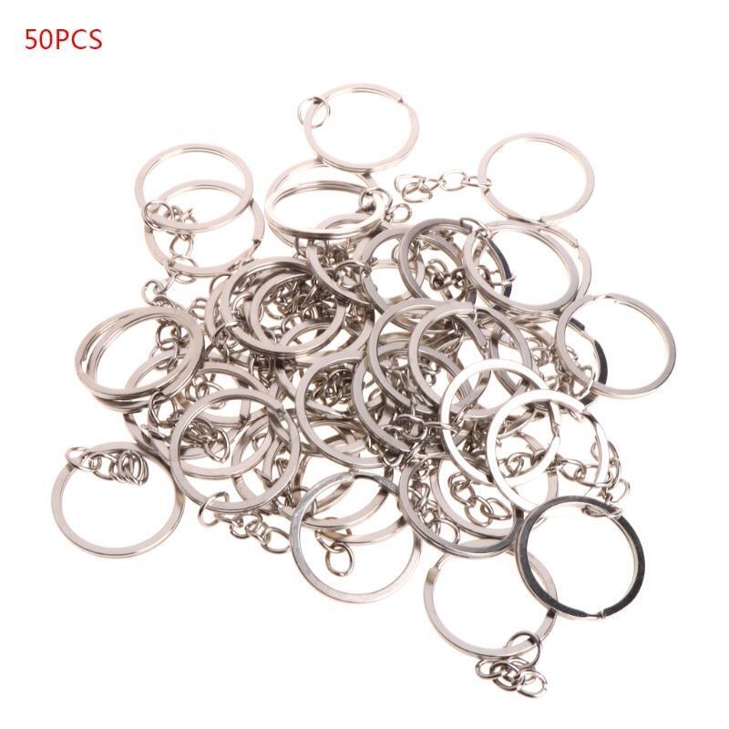 50x Split Key Ring with Chain Stainless Steel Keychain Portable Brief Hoop Gift