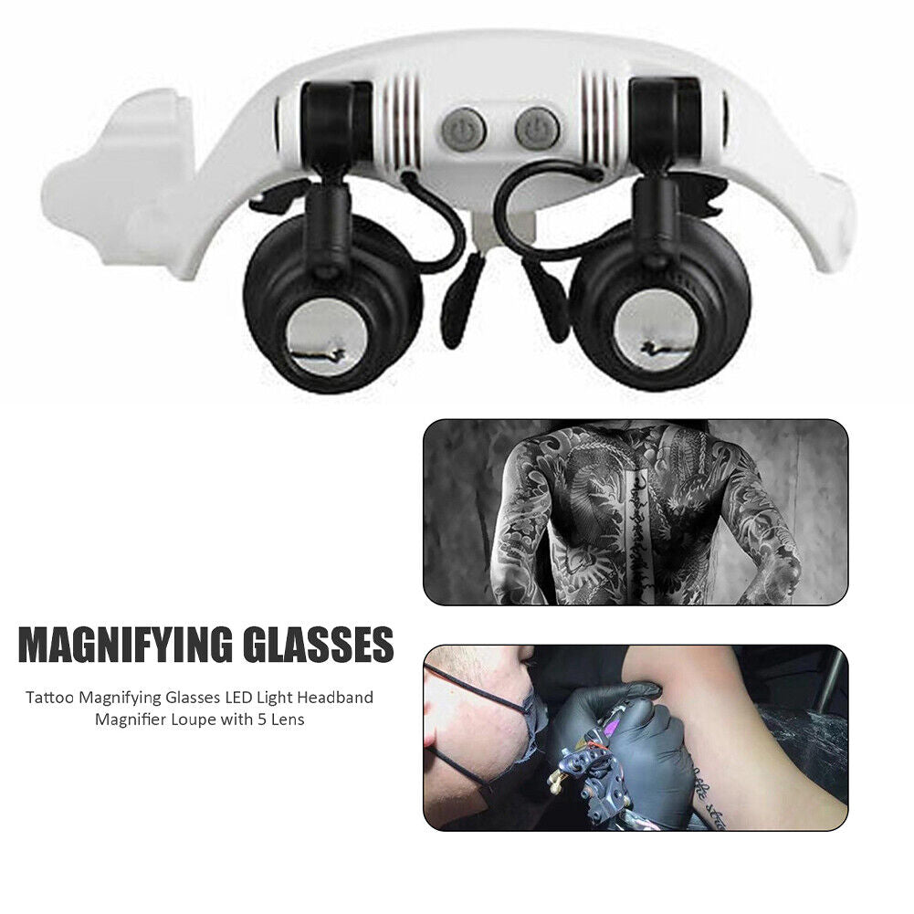 Tattoo Magnifying Glasses LED Light Headband Magnifier Loupe with 5 Lens