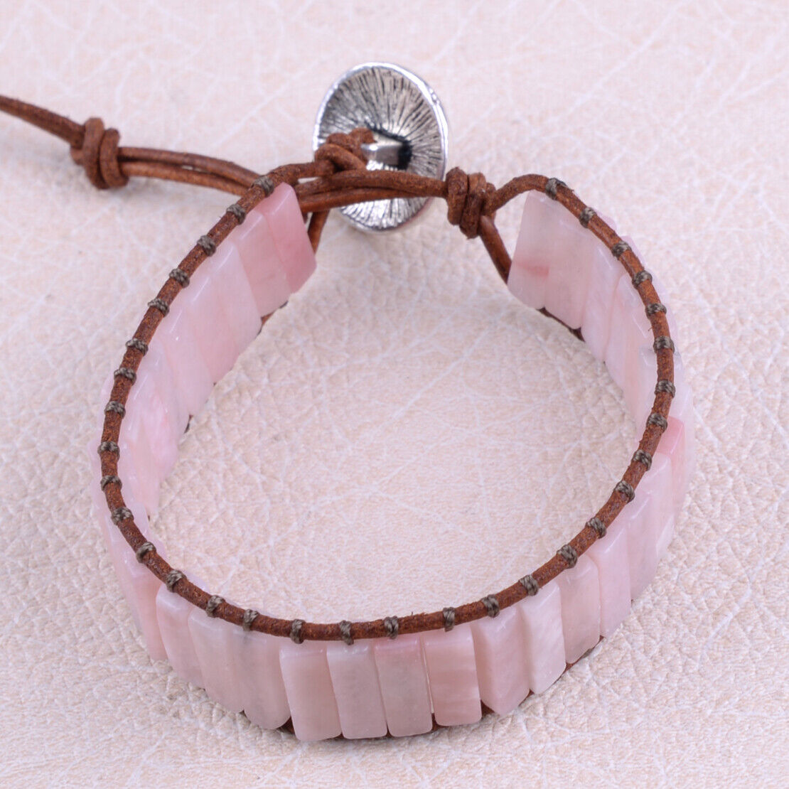 Handmade Leather Wrap Pink Opal Stone Tube Beads Bracelet fit for Women Girls Ly