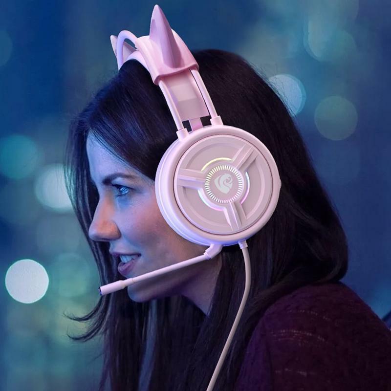 Pink Cat Ears Crystal Headset Wired Stereo Headphones Desktop 4D Audio 7.1 Sound