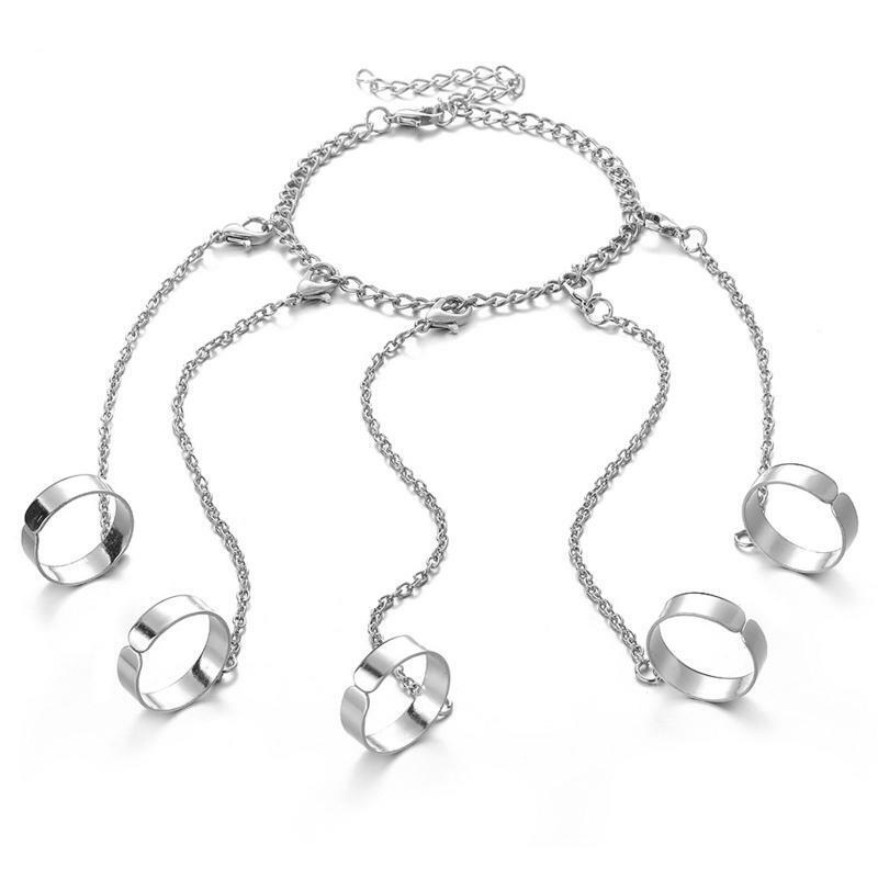 Metal Chain Wrist Link Bracelet Men Ring Charm Set Couple Fashion Jewelry Gifts