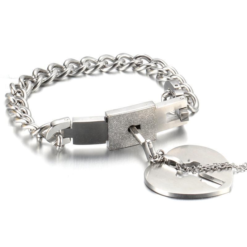Couple Jewelry Bracelet Love Heart Lock Bracelet Key Pendant Necklace Set
