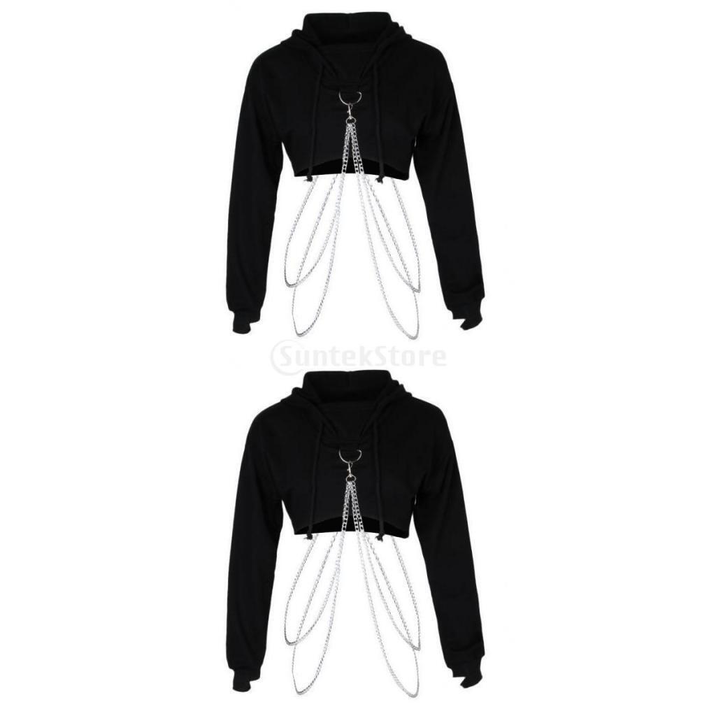 2x Women Fashion Long Sleeve Pullover Hoodie Crop Top Metal Chain Sweatshirt