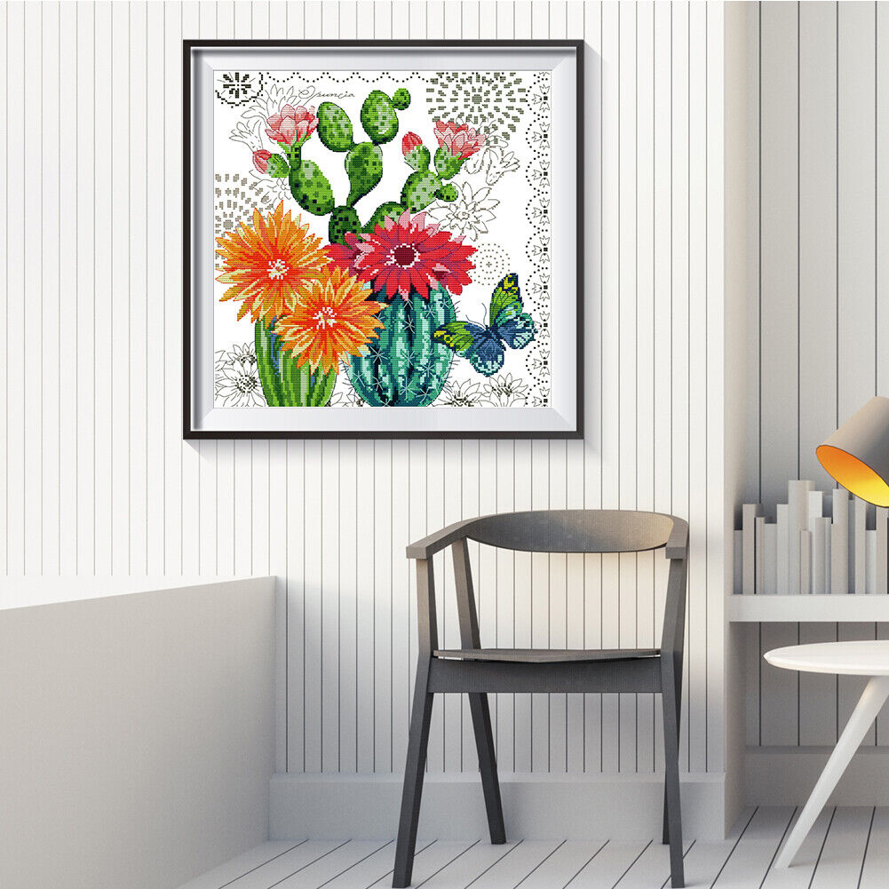 Partial Cross Stitch DIY 14CT Printed Prickly Pear Flower Wall Artwork Kits