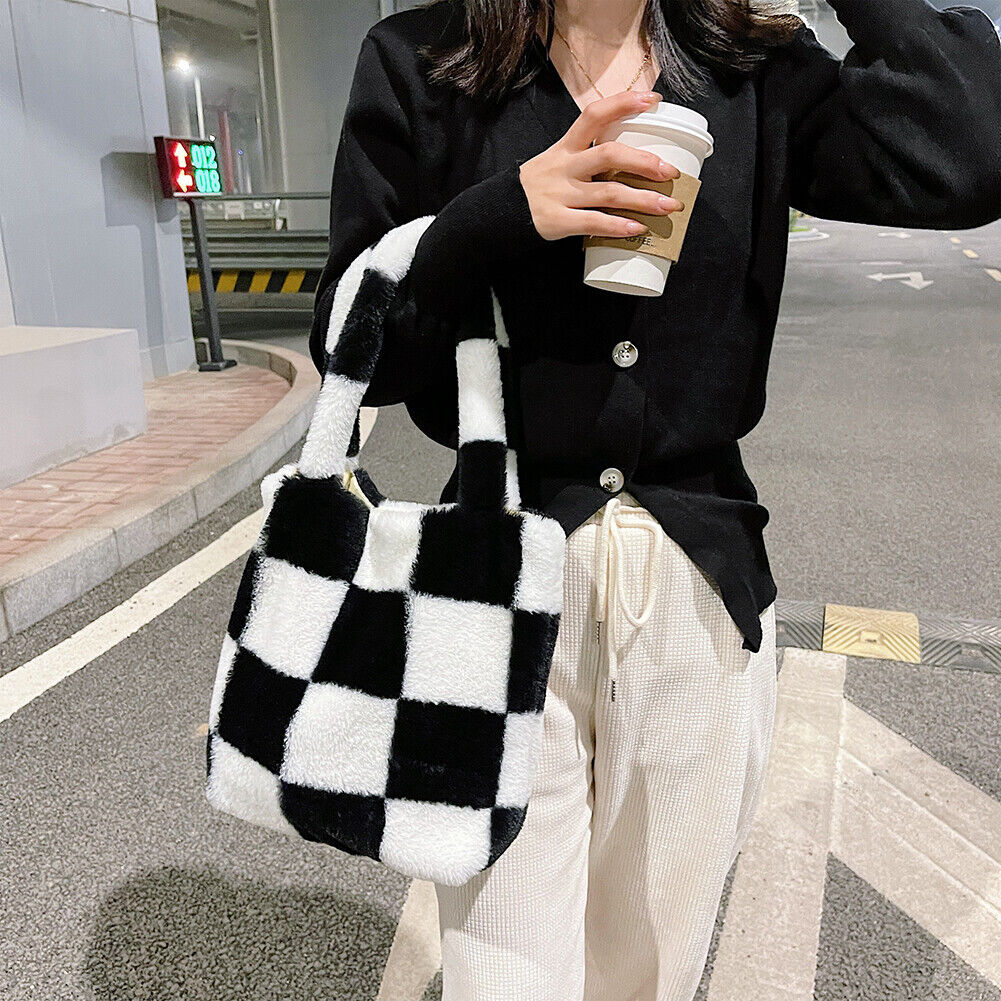 Fashion Checkered Print Shoulder Bag Autumn Winter Plush Hit Color Handbag