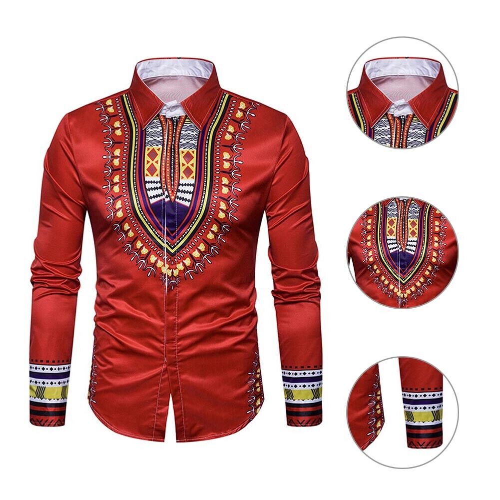 Men Turn Down Collar Casual Totem Print Long Sleeve Ethnic Shirt(Red XL)-20
