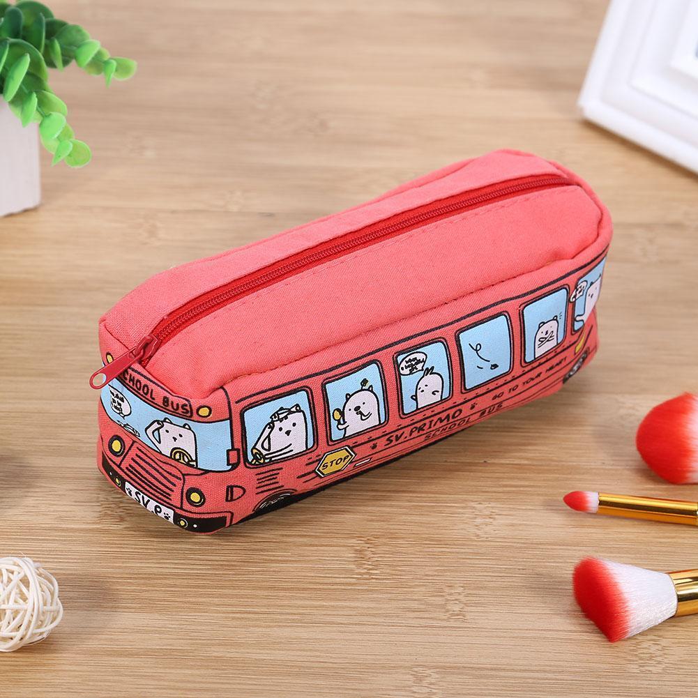 Animal Bus Canvas Pencil Bag Pen Pouch Student Stationery Organizer(Red)