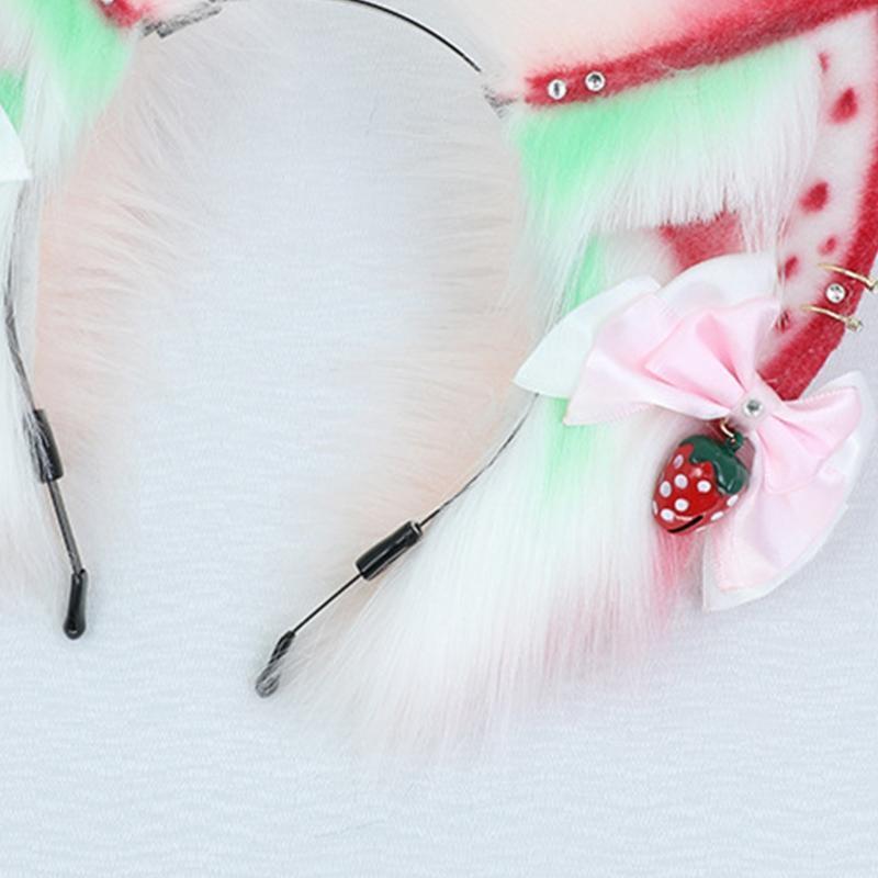 Simulation Animal Strawberry Cat Ears Plush Headband with Bow Gift for Birthday