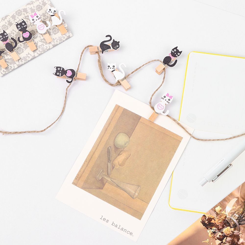 Cartoon DIY 10pcs/set Cute Cat with Hemp Rope Wooden Clips Hanging Photo Clips