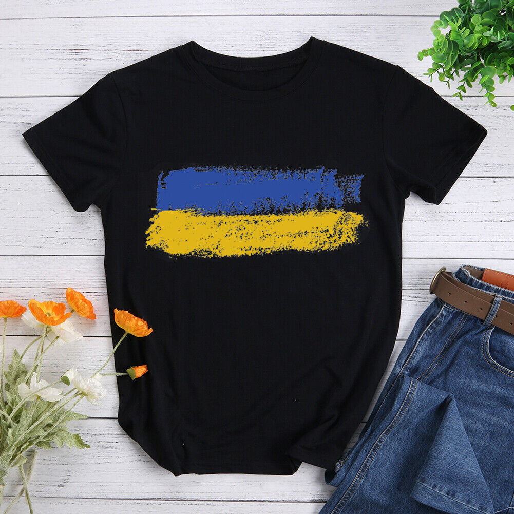 Ukrainian Flag Print Round Neck T-shirt Tee (Black XXL)