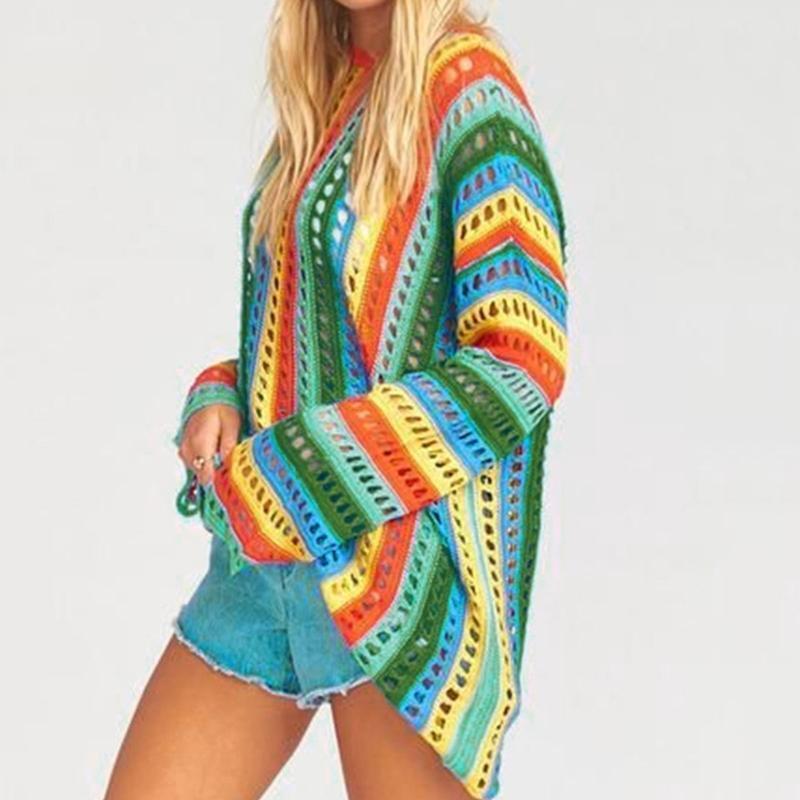 Women Beach Long Sleeve Bikini Cover Up Hollow Crochet Rainbow Stripe Mini Dress