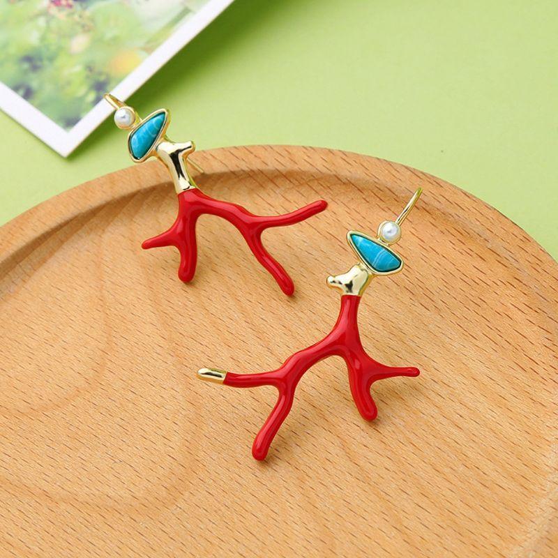 Fashion Coral Antlers Dangle Earrings Red Enamel Drop Earrings Gifts for Girls