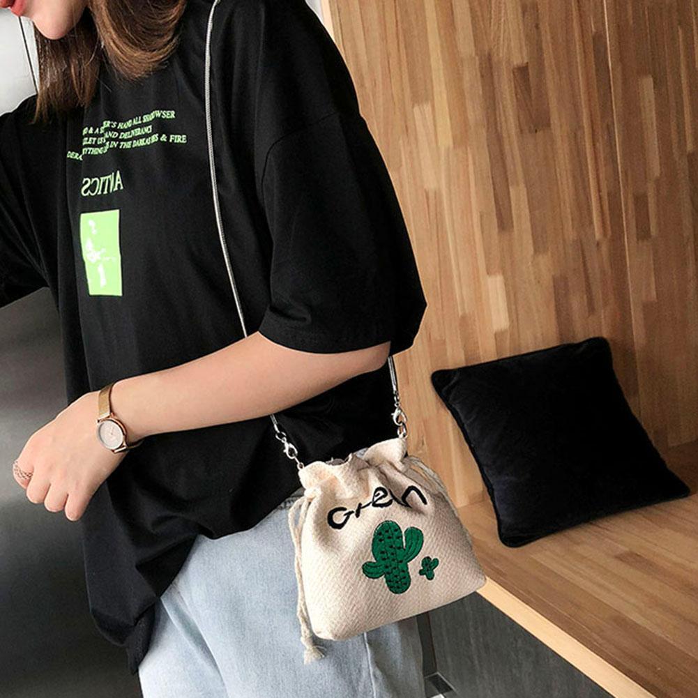 Cactus Embroidery Straw Crossbody Bucket Mini Women Chain Shoulder Bags