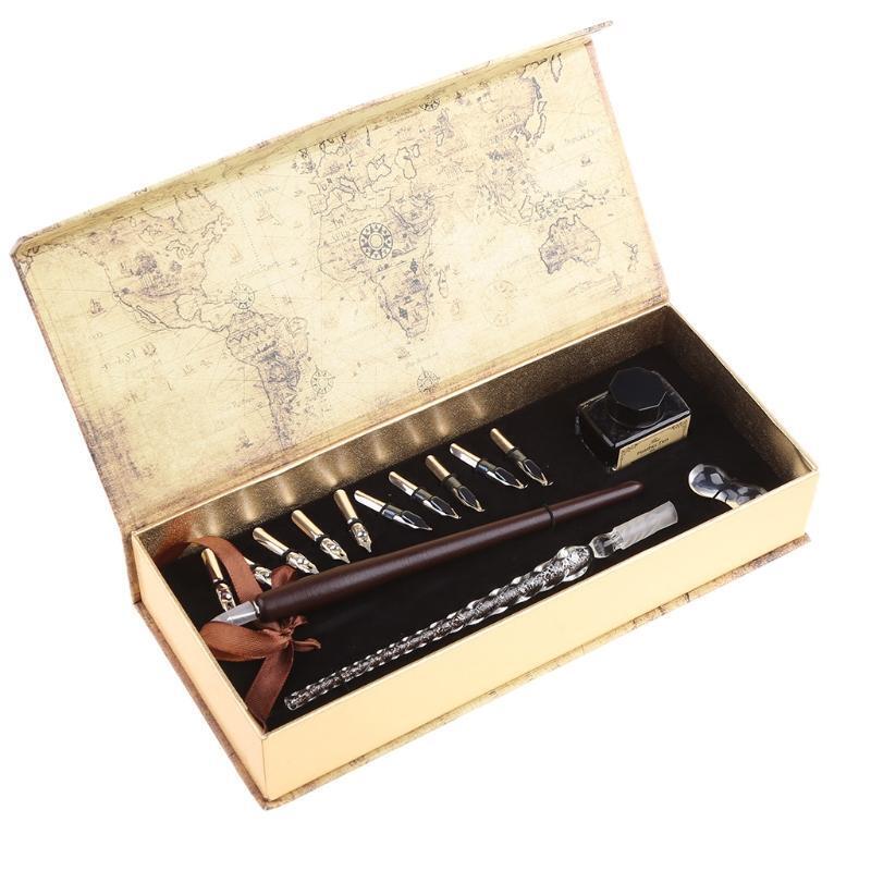 1set Nibs Wooden Dip Pen Set Glass Calligraphy Pen Set for Cartoon Lettering Art
