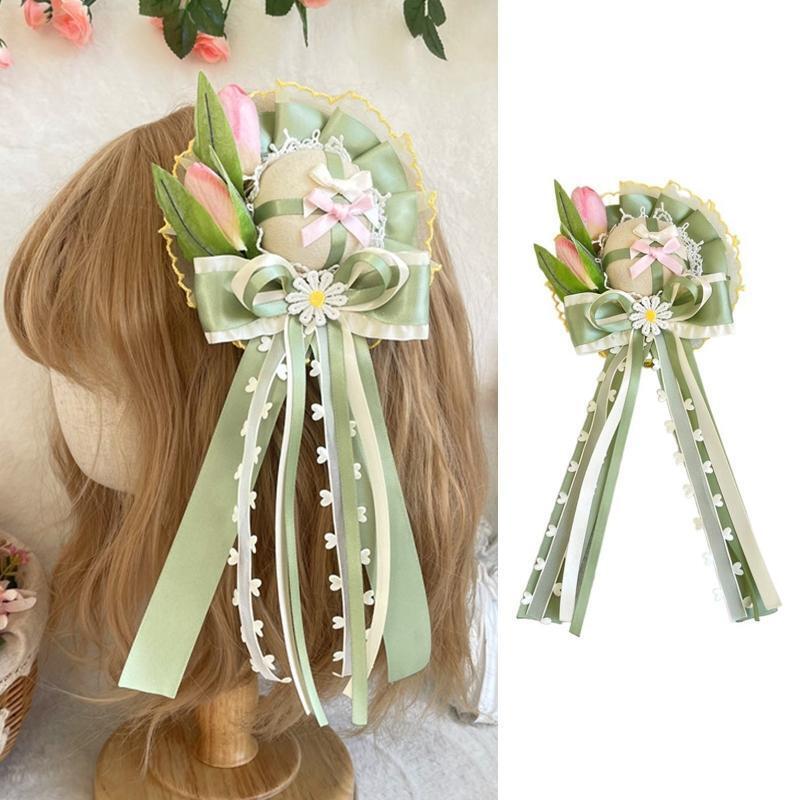 Lolita Green Tulip Hairpin Pink Flower Lace Top Hat Surprise Gift for Girlfriend