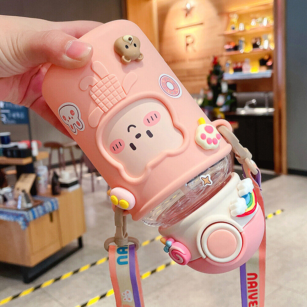 620ML Kids Water Sippy Cup with Silicone Bag Cartoon Feeding Bottle (Pink)