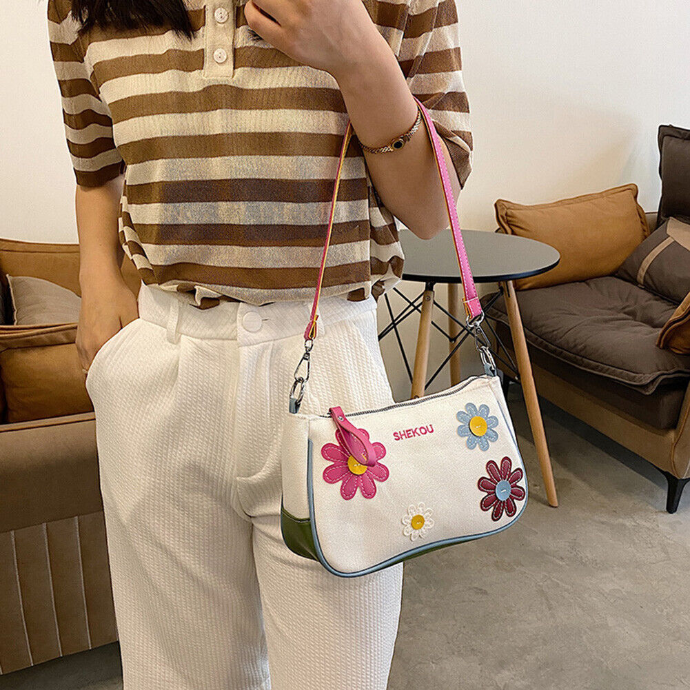 Fashion Women Flower Patchwork Canvas Underarm Bag Casual Hit Color Handbag