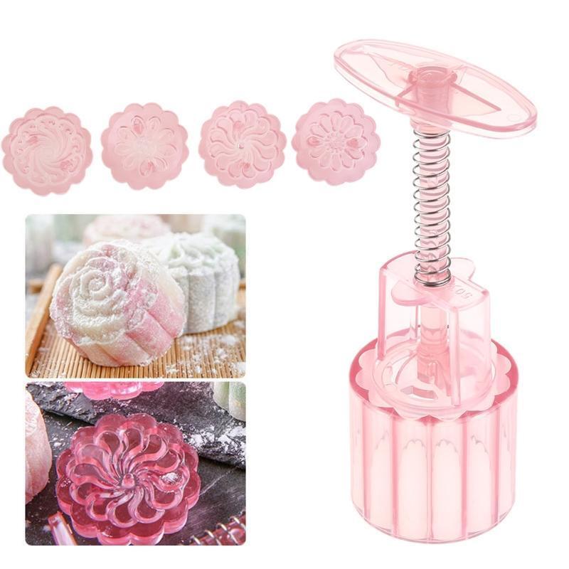50g Snowy Moon Cake Mold 4 Stamps Barrel Mooncake Hand Pressure Biscuits Pastry