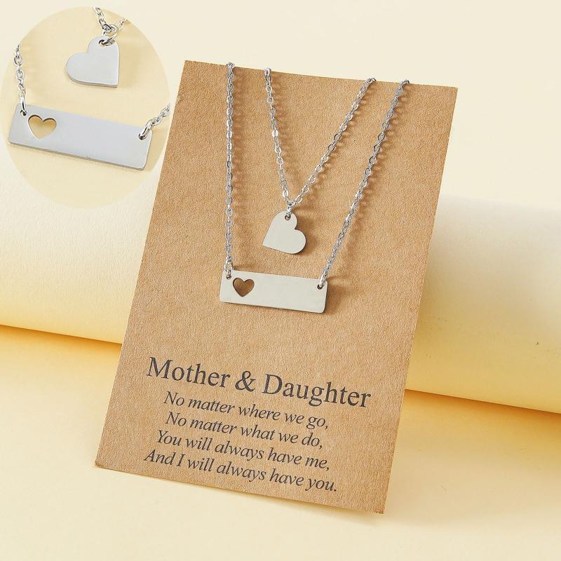 2Pcs Mother Daughter Bar Necklace Set Horizontal Bar Necklace with Cutout Heart