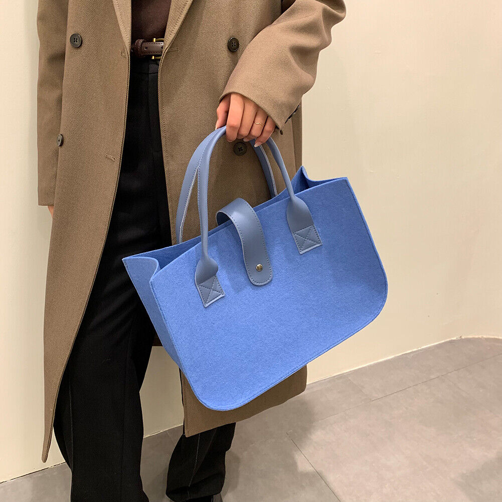 Women Felt PU Leather Quilted Tote Bag Solid Color Top-handle Bag (Blue)