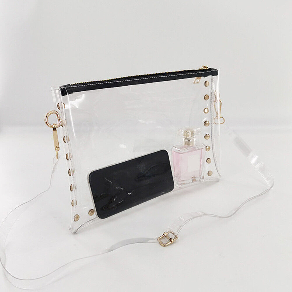 Women PVC Clear Shoulder Bag Lady Rivet Zipper Stadium Approved Handbag