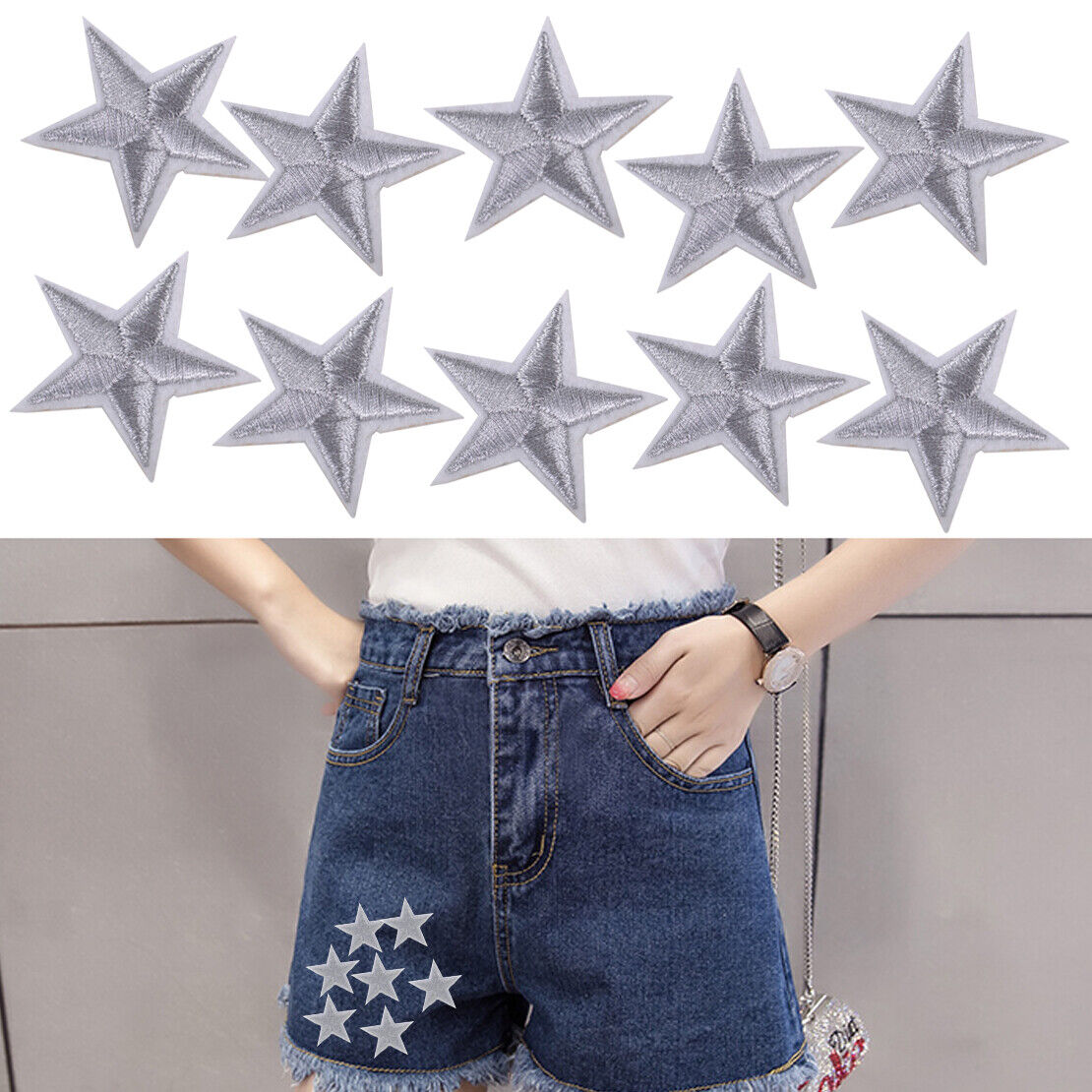 10x 1.7" Sliver Star Embroidered Sew Iron On Patch Applique Bags Cloth Crafts Li