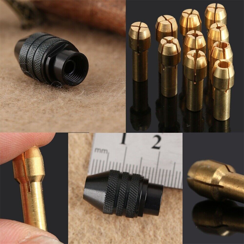 10pcs 0.5-3.2mm Brass Collets 4.8mm Shank & Keyless Drill Chuck Rotary Tool C6B