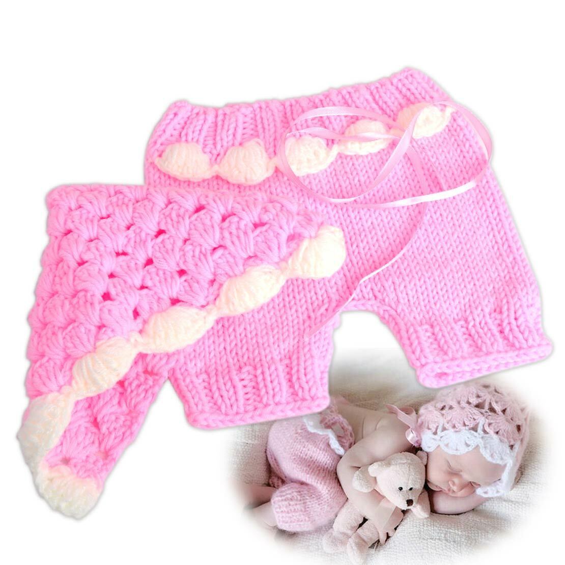 Newborn Infant Baby Girl Pink Knit Crochet Hat Pants Photography Photo Props Li