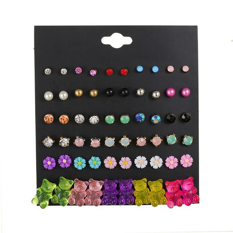 30 Pairs Colorful Cute Bear Flower Crystals Stud Earrings Set for Little Girls