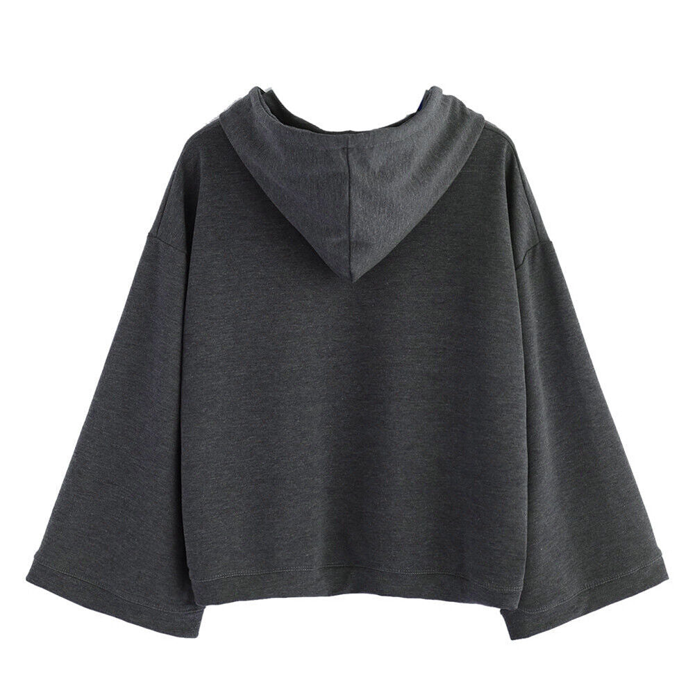 Women Long Sleeve Gray Letter Print Hooded Sweatshirt Pullovers (L)