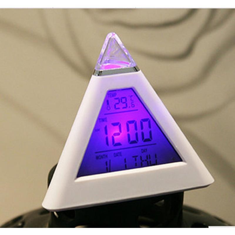 7 LED Colors Changing Pyramid Shaped Digital Alarm Clock Calendar Thermometer