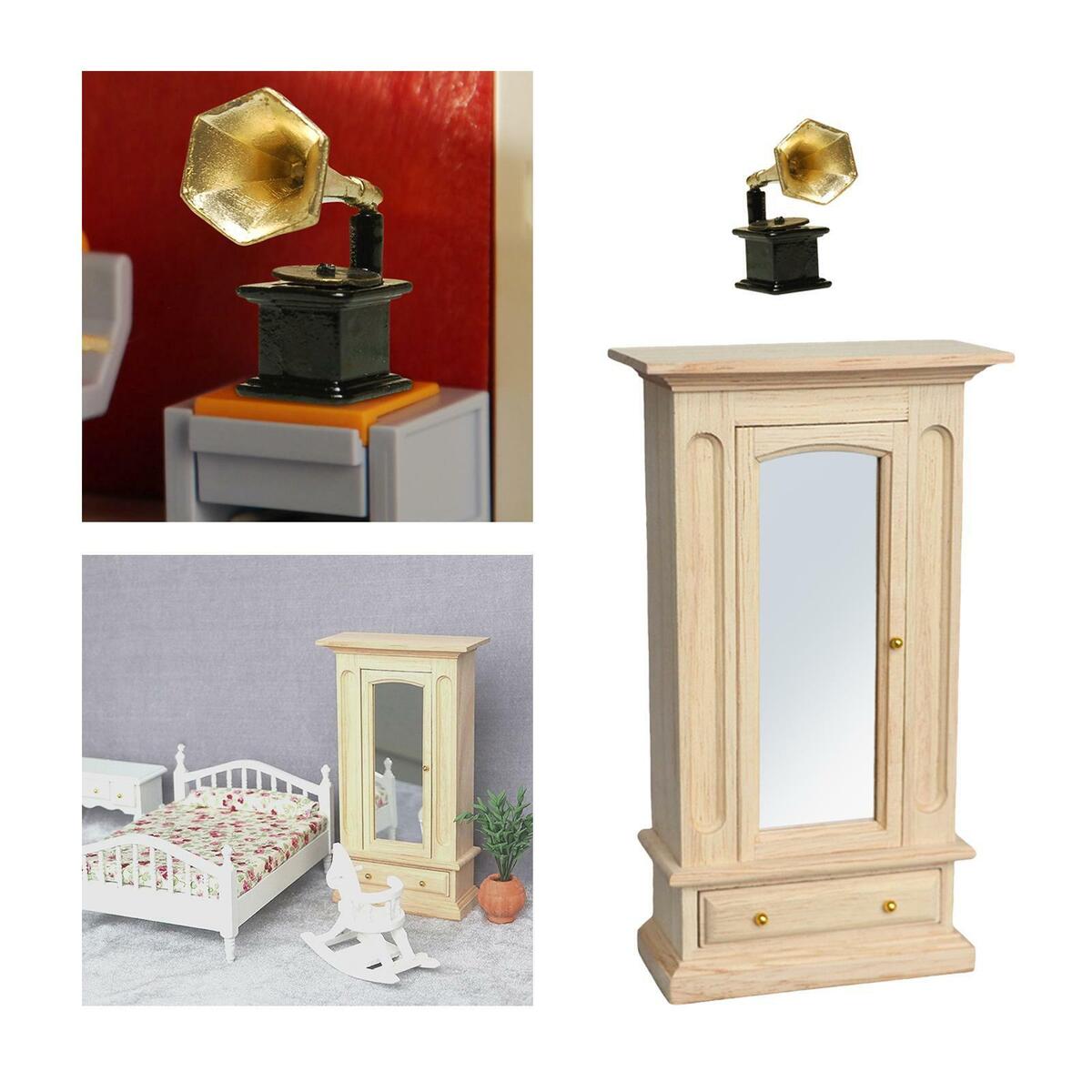 2x 1:12 Scale Wooden Mirror Wardrobe with Phonograph Bedroom Decoration