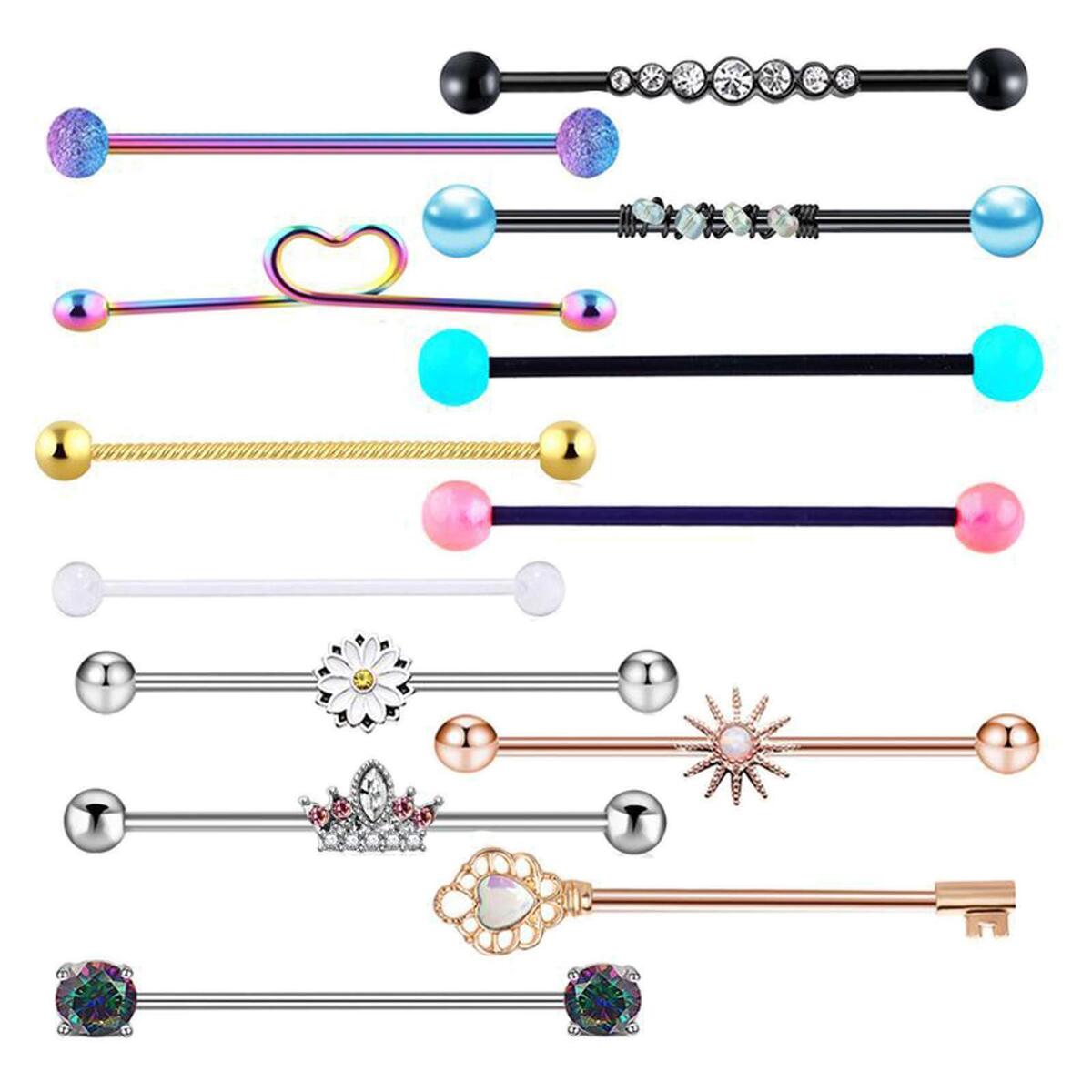 13Pcs 14 Gauge Industrial Barbell Earrings for Women Men Rhinestone 38mm 1&1/2