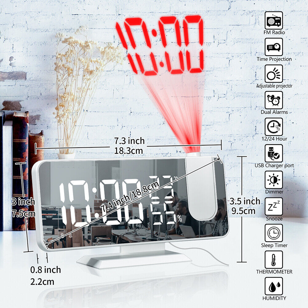 Digital FM Radio Projection Alarm Clock Smart LED Electric Desk Watch (C)