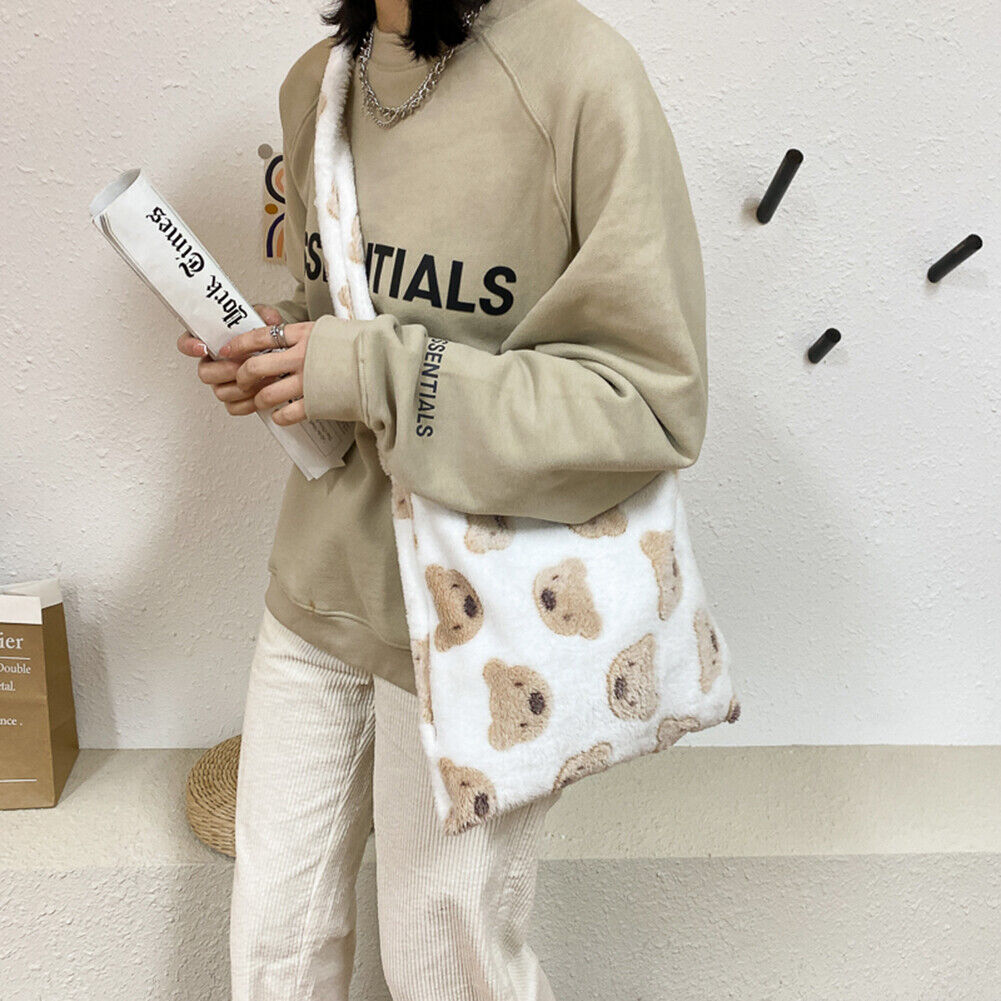 Autumn Plush Shoulder Handbag Women Bear Big Capacity Messenger Bag (B)