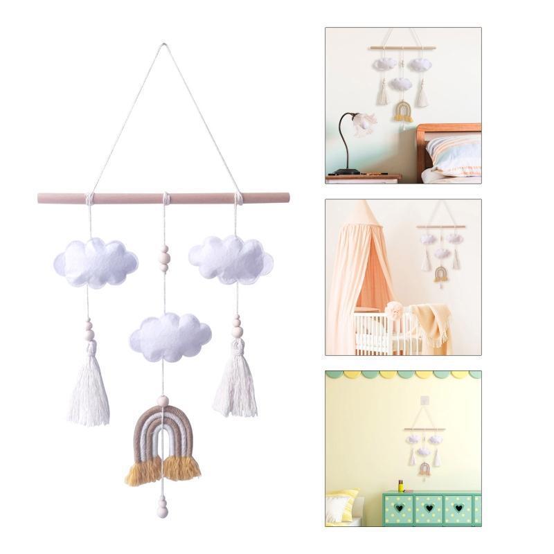 Nordic Rainbow Cloud Shape Wall Hanging Ornament Wooden Stick Tassel Pendant