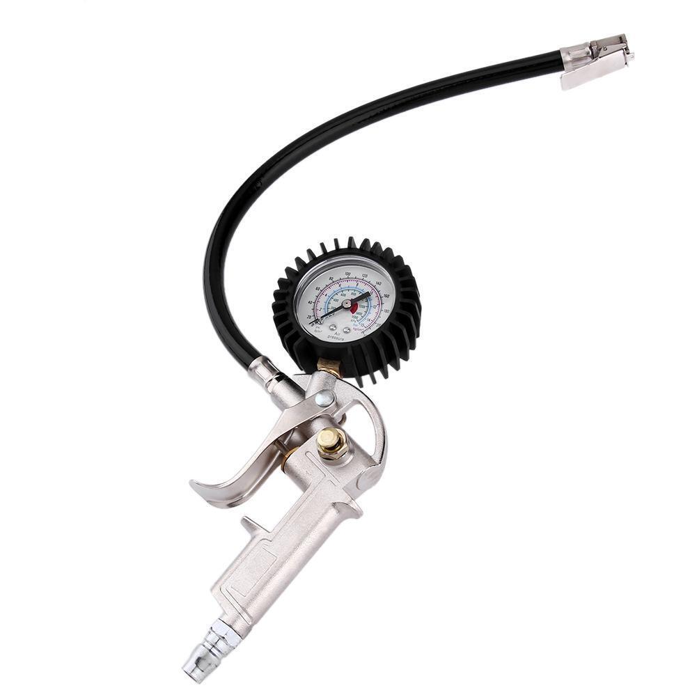 Lock On Chuck Flexible Hose Tire Inflator with Air Pressure Gauge Pistol