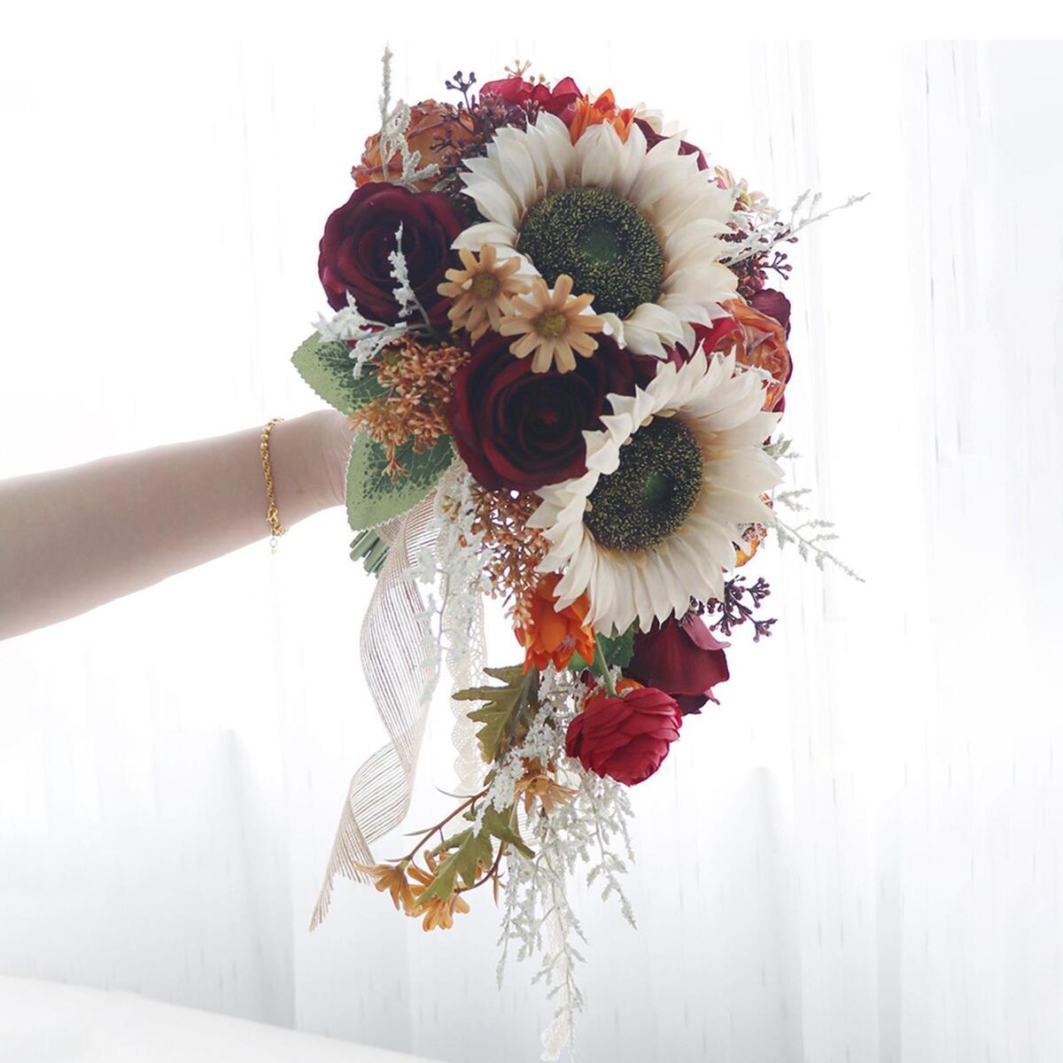 Wedding Bride Hand Bouquet Sunflowers with Ribbons for Party Church Supplies