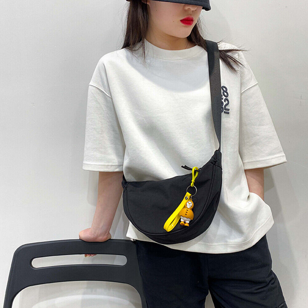 Lady Dumpling Shape Crossbody Bag Pure Canvas Portable Shoulder Bag (Black)