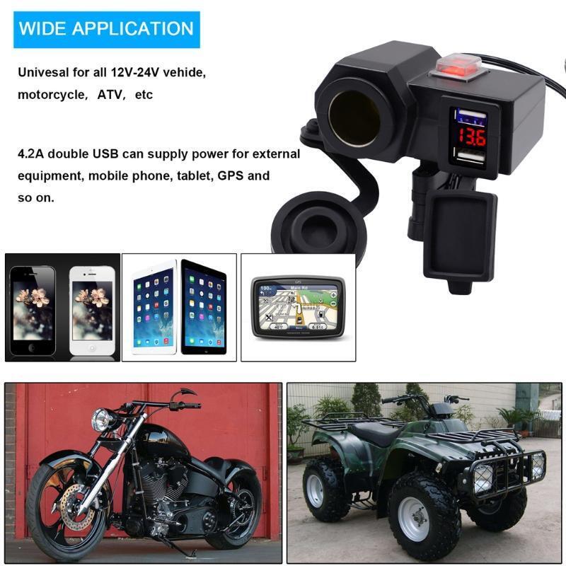 Waterproof Dual USB LED Voltmeter Cigarette Socket With Switch Car Motorcycle