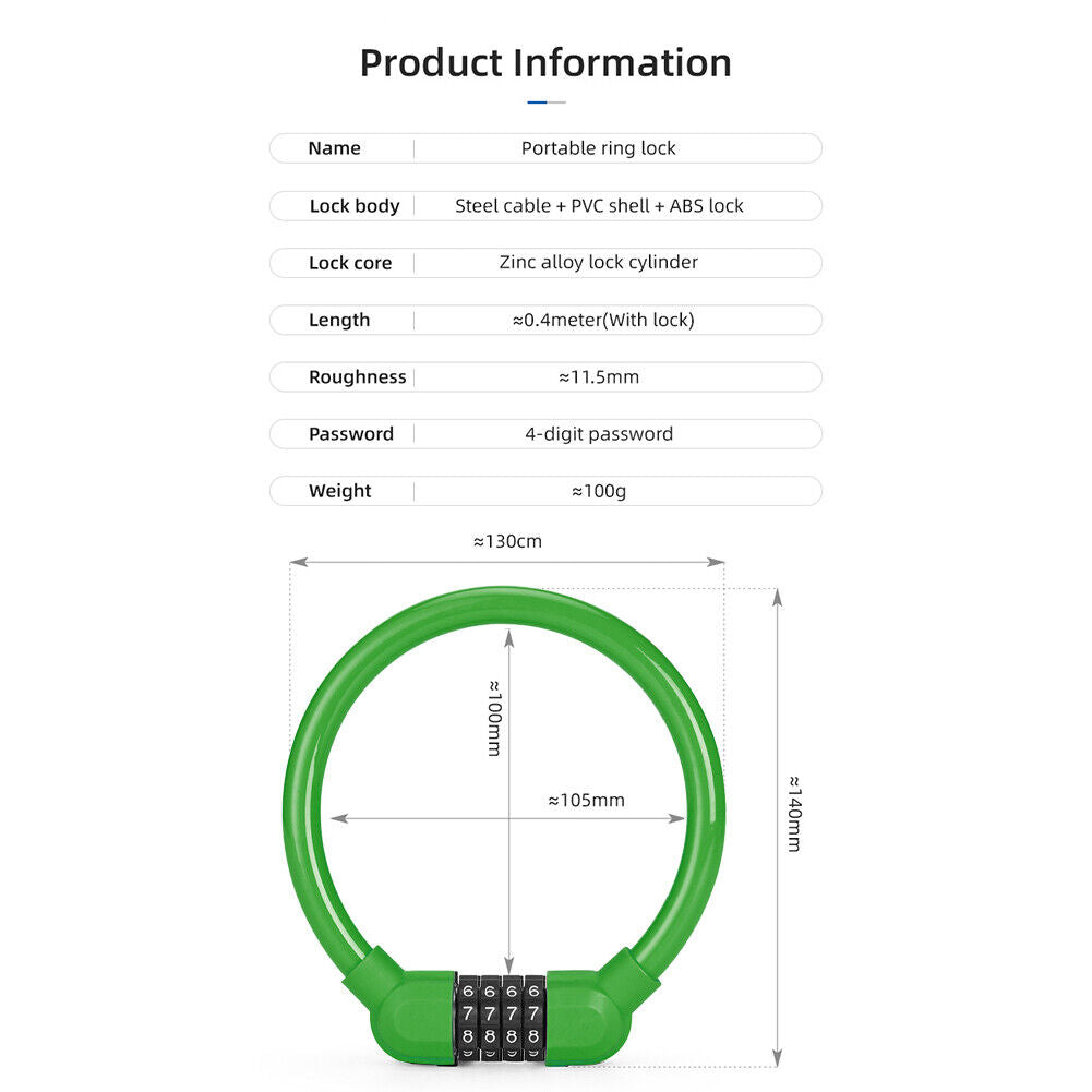 Bicycle Safety Cable Locks MTB Anti Theft 4 Digit Password Lock (Green)