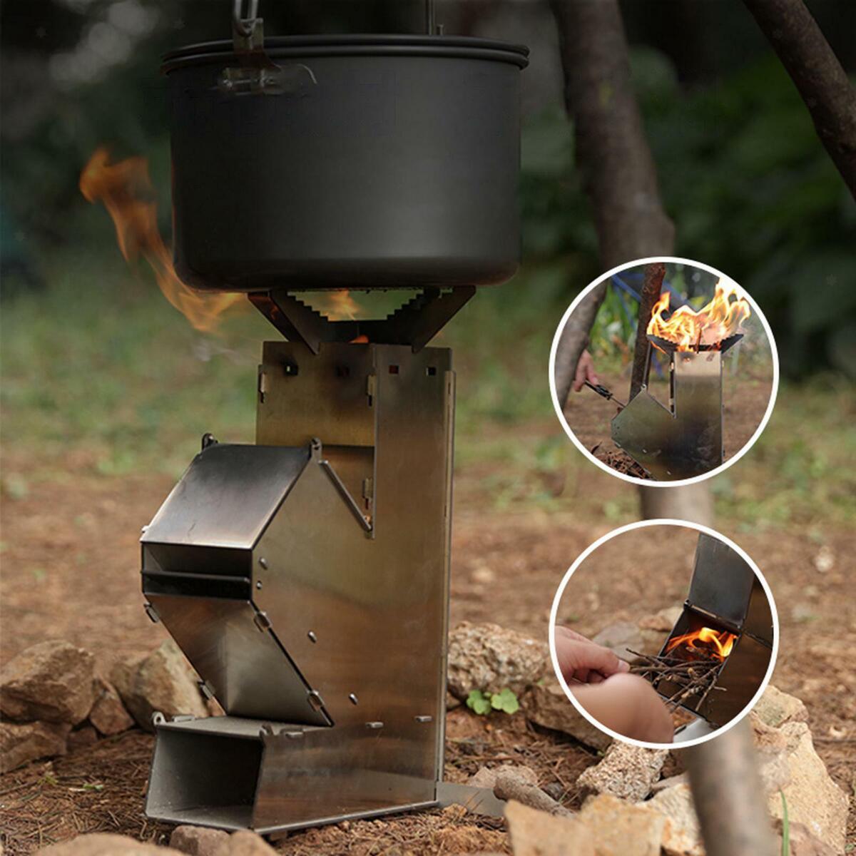 Stainless Steel Camping Rocket Stove Burner Fuel Chamber  Stoves for