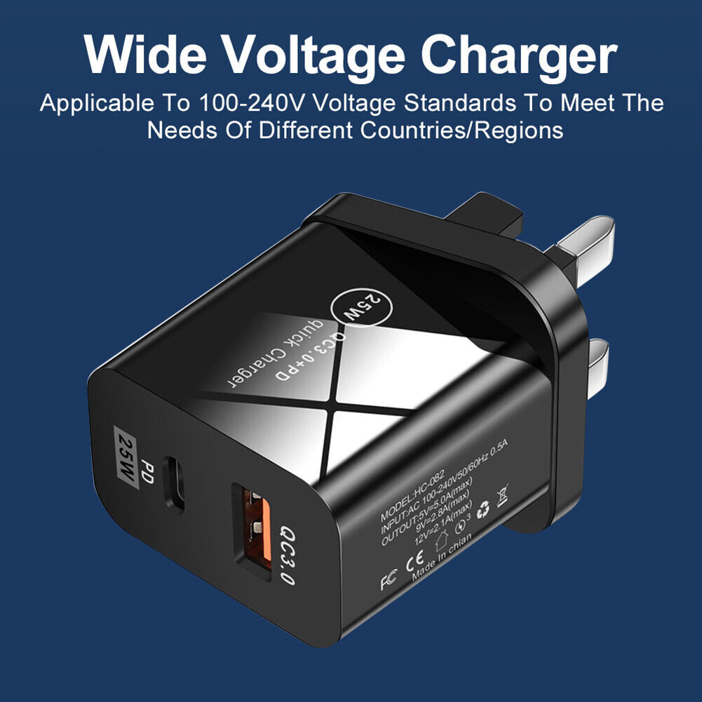 25W QC3.0+PD Dual Port Type-C Phone Fast Charger Charge Adapter (UK Black)