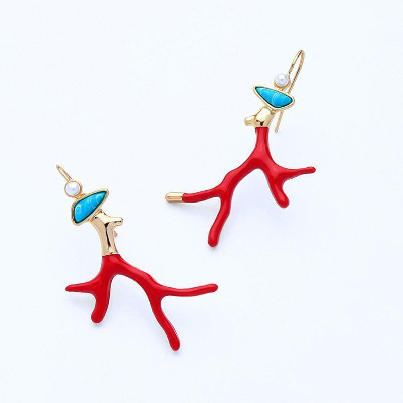 Fashion Coral Antlers Dangle Earrings Red Enamel Drop Earrings Gifts for Girls