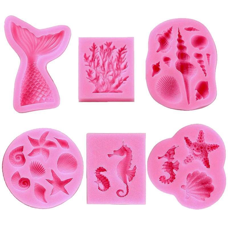 6Pcs/Set Marine Theme Cake Silicone Molds Tail Seahorse Starfish Seashell Mould