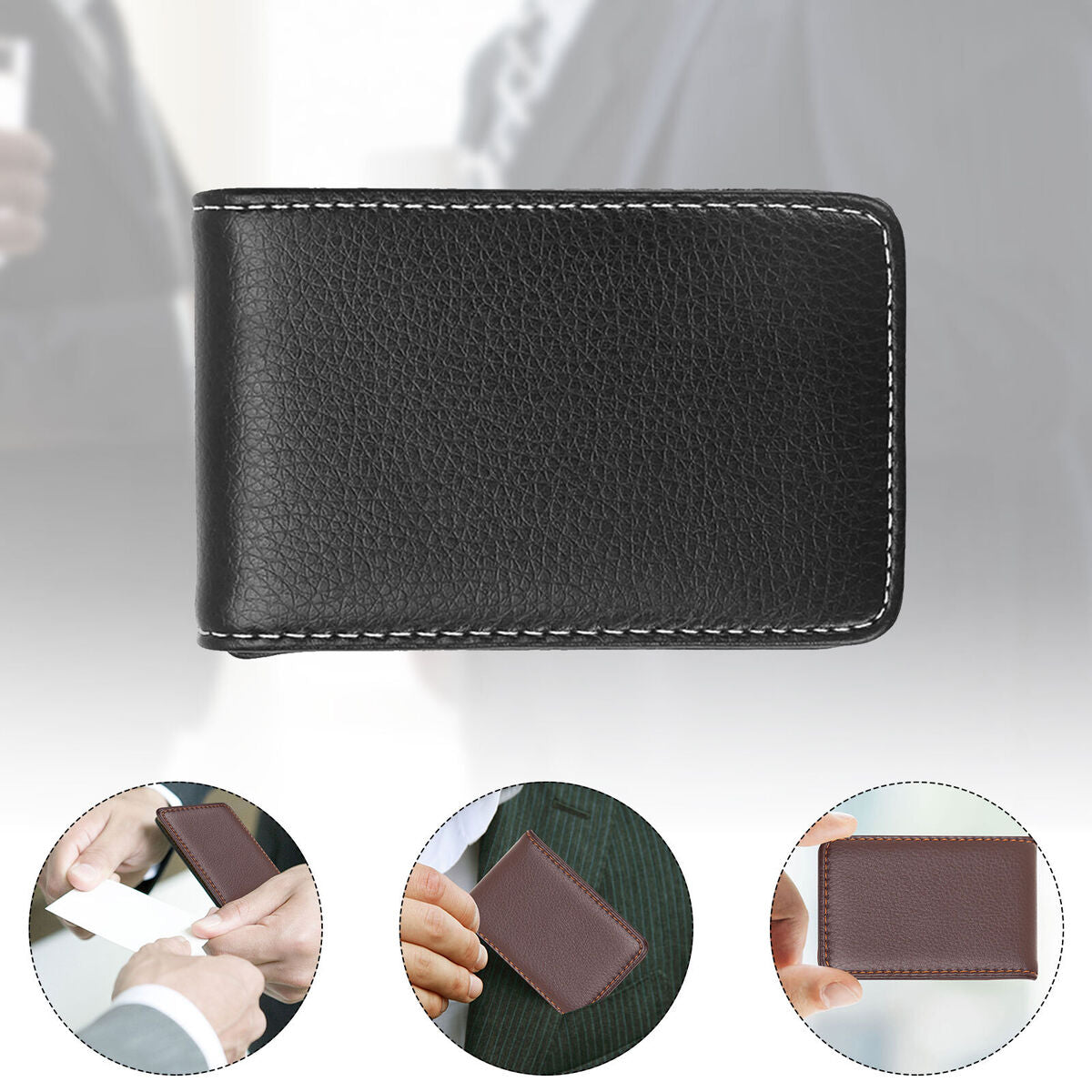 Business Card Holder 2pcs PU Leather Name Card Case Pocket (Black Coffee)