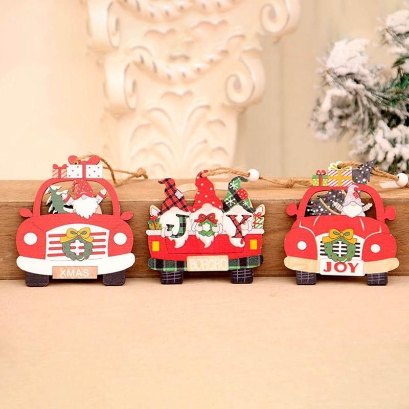 Christmas Wooden Car Pendants Set of 6 Wood Ornament Window Wall Door Decoration