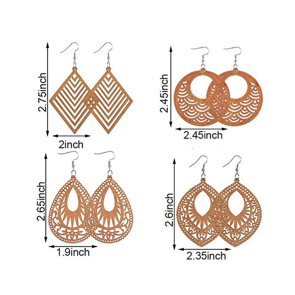 4 Pairs Craft DIY Bohemian Wooden Earring Making African Dangle Earrings Pendant
